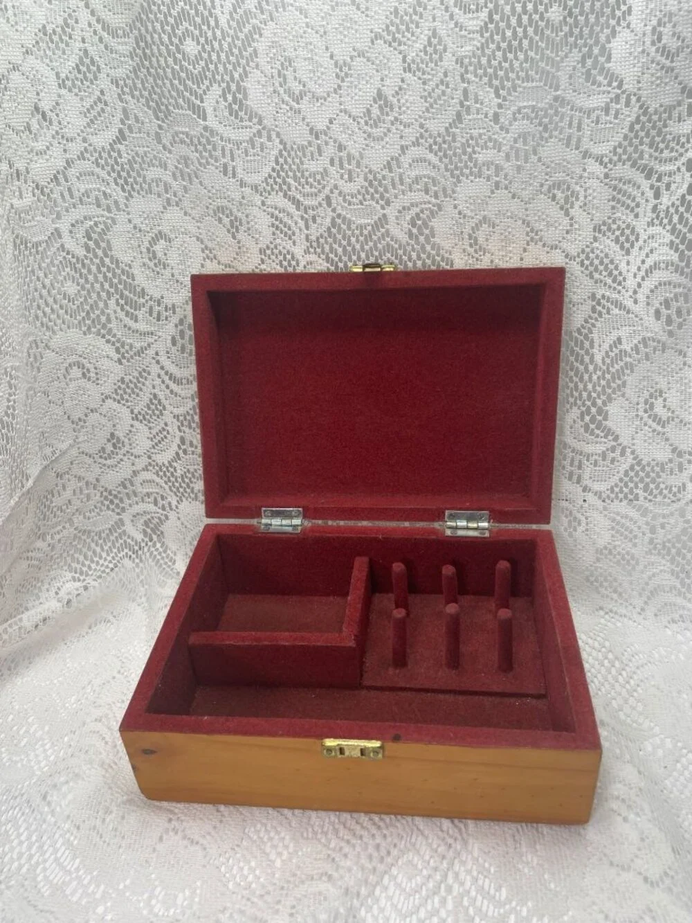 Handmade Wooden Jewelry Box With Floral Hand-Painted Design Red Felt Interior &